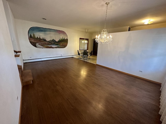 unfurnished dining area featuring wood finished floors, a chandelier, baseboards, and a baseboard radiator