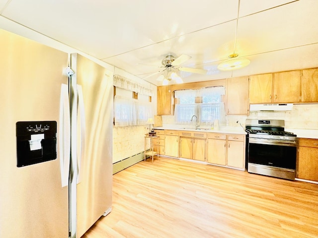 1115 E Wilson St, Streator, IL 61364 - kitchen featuring appliances with stainless steel finishes, a sink, under cabinet range hood, light countertops, and light wood-style flooring
