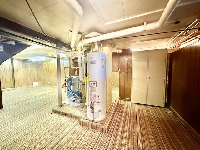 1115 E Wilson St, Streator, IL 61364 - basement with gas water heater, carpet floors, wooden walls, and a water pressure tank