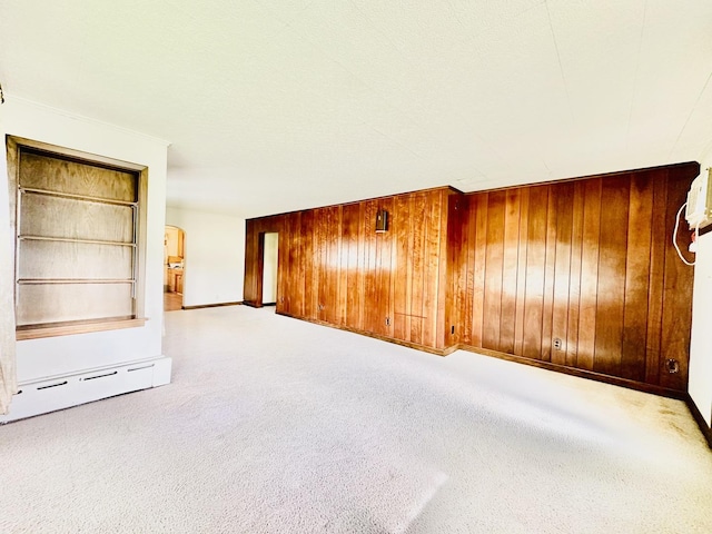 1115 E Wilson St, Streator, IL 61364 - unfurnished living room featuring wood walls, carpet flooring, baseboards, and baseboard heating