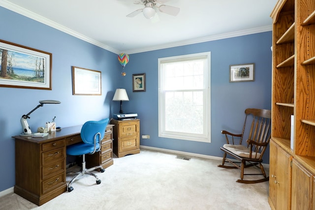 2169 Sunderland Ct Unit 101B, Naperville, IL 60565 - home office featuring crown molding, light carpet, baseboards, and ceiling fan