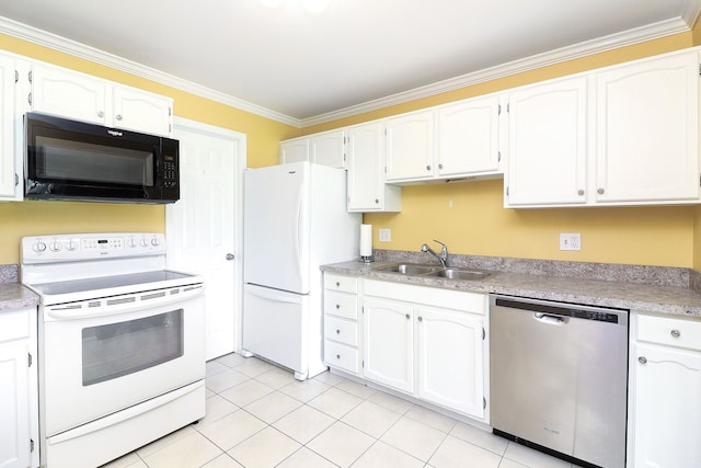 2169 Sunderland Ct Unit 101B, Naperville, IL 60565 - kitchen featuring white appliances, a sink, crown molding, and white cabinets