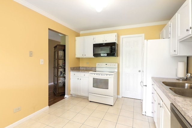 2169 Sunderland Ct Unit 101B, Naperville, IL 60565 - kitchen with black microwave, electric stove, a sink, white cabinets, and crown molding