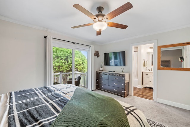 12826 Artesian St, Lemont, IL 60439 - carpeted bedroom featuring access to outside, crown molding, baseboards, ceiling fan, and connected bathroom