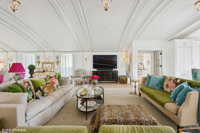 living room with beamed ceiling