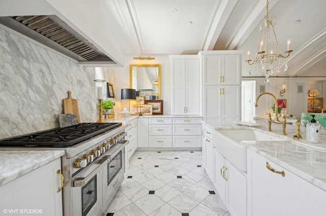 kitchen with double oven range, wall chimney exhaust hood, a sink, decorative backsplash, and white cabinets
