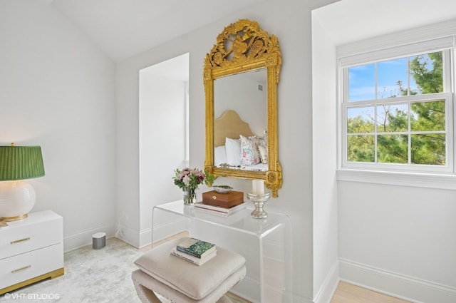 living area featuring baseboards and vaulted ceiling