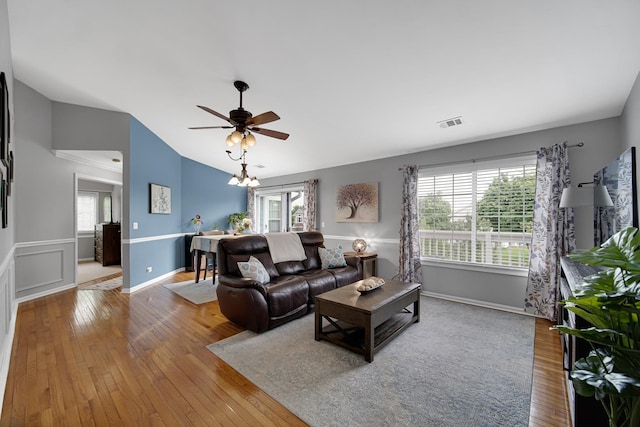 201 Charleston Ct Unit 2, Schaumburg, IL 60193 - living area featuring wood-type flooring, a ceiling fan, lofted ceiling, and baseboards