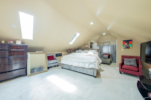 bedroom featuring a skylight, lofted ceiling, light colored carpet, and recessed lighting