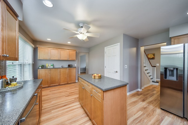 1528 Apache Dr, Naperville, IL 60563 - kitchen with stainless steel refrigerator with ice dispenser, dark countertops, recessed lighting, ceiling fan, and light wood finished floors