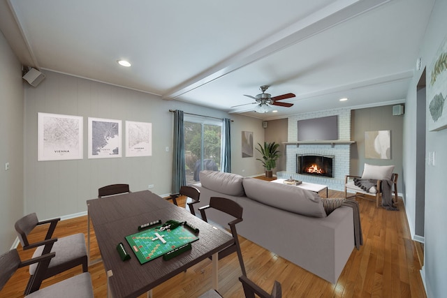 1528 Apache Dr, Naperville, IL 60563 - living room with baseboards, a fireplace, a ceiling fan, light wood finished floors, and recessed lighting