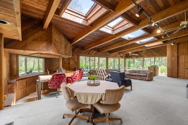 1N341 Indian Knoll Rd, West Chicago, IL 60185 - dining space with rail lighting, a skylight, wood walls, wood ceiling, and carpet flooring