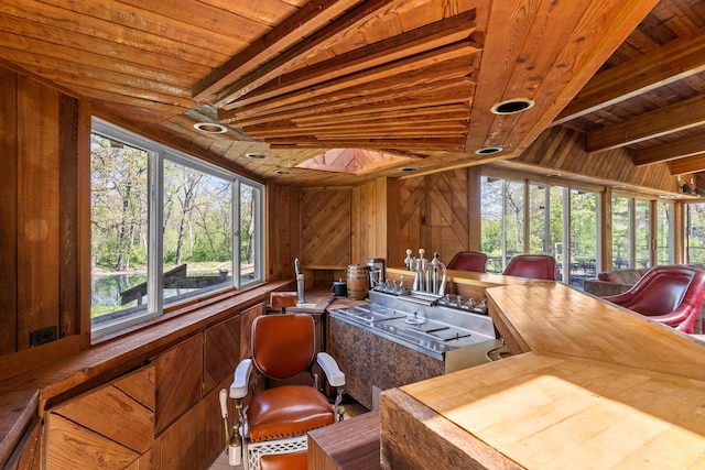 1N341 Indian Knoll Rd, West Chicago, IL 60185 - sitting room featuring wood ceiling, beam ceiling, and wooden walls