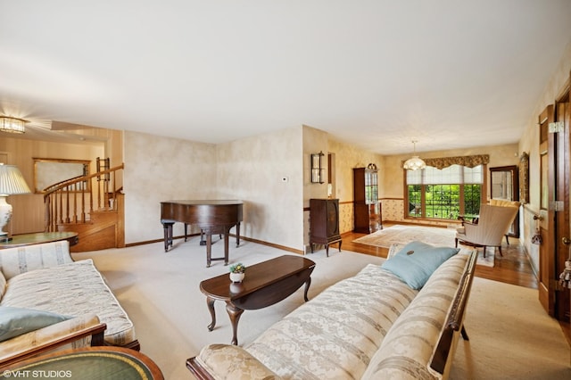 403 Minnaqua Dr, Prospect Heights, IL 60070 - living area featuring stairs, baseboards, and a chandelier