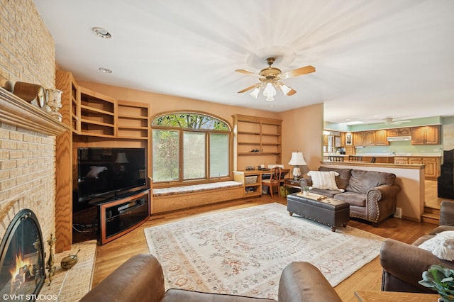 403 Minnaqua Dr, Prospect Heights, IL 60070 - living room with a ceiling fan, light wood-style floors, a brick fireplace, and recessed lighting