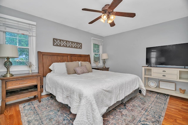 bedroom featuring wood finished floors, multiple windows, and ceiling fan