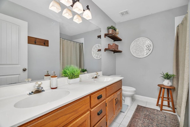 full bathroom featuring tile patterned floors, toilet, and double vanity