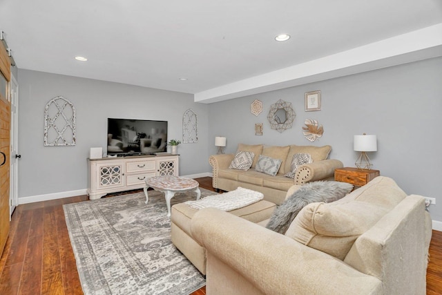 living room with baseboards, recessed lighting, and dark wood-style flooring