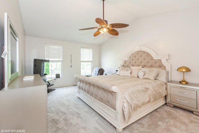554 Truman Dr, Oswego, IL 60543 - bedroom with vaulted ceiling, light colored carpet, a ceiling fan, and baseboards