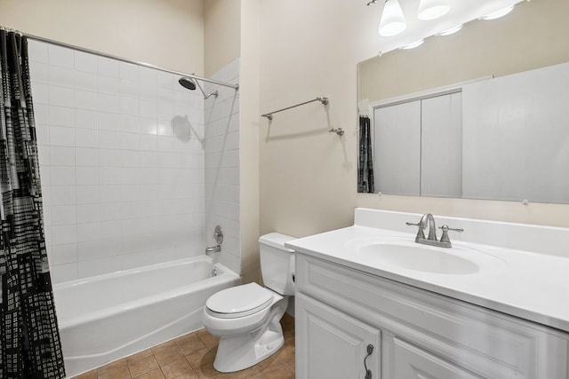 full bathroom with toilet, shower / tub combo with curtain, vanity, and tile patterned flooring