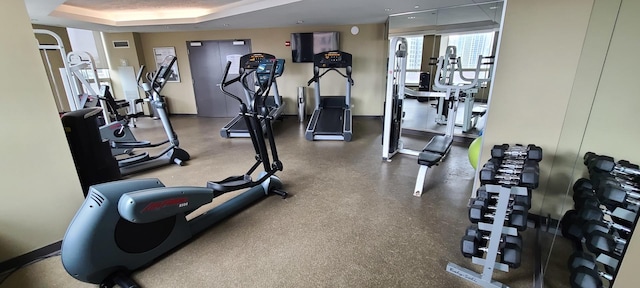 gym featuring a raised ceiling