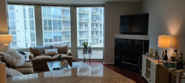 living room with healthy amount of natural light, dark wood finished floors, a fireplace, and baseboards