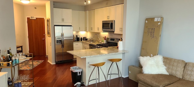 kitchen with stainless steel appliances, a sink, dark wood-style flooring, light stone countertops, and a peninsula