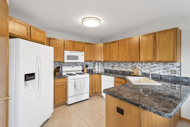 6850 W Winding Trl Unit 406, Oak Forest, IL 60452 - kitchen featuring white appliances, a sink, a peninsula, and backsplash