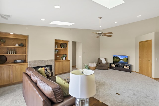 6850 W Winding Trl Unit 406, Oak Forest, IL 60452 - living room with a skylight, light colored carpet, vaulted ceiling, recessed lighting, and a ceiling fan