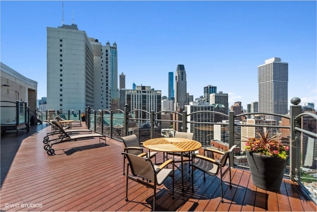 wooden deck with a view of skyline