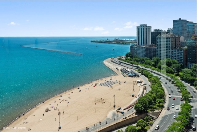 view of urban area featuring expansive coastline