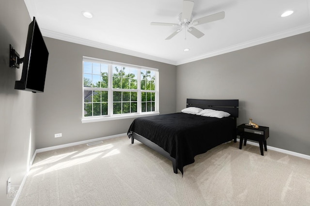 11911 Winterberry Ln, Plainfield, IL 60585 - carpeted bedroom featuring baseboards, ornamental molding, recessed lighting, and ceiling fan