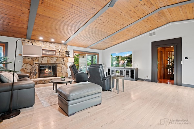 8311 Haligus Rd, Huntley, IL 60142 - living room featuring a fireplace, wooden ceiling, and wood finished floors