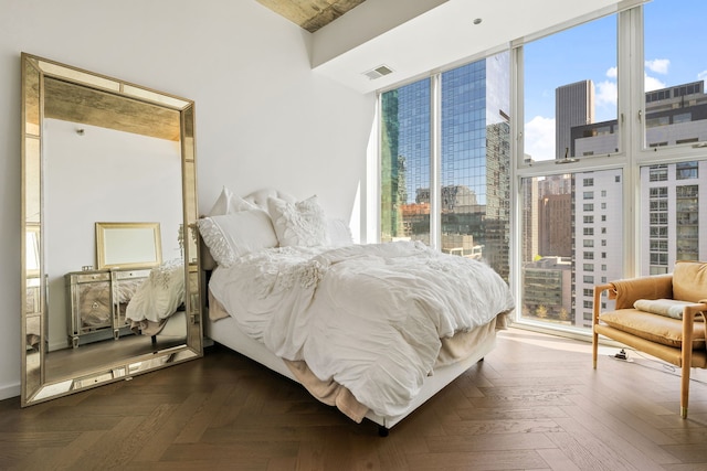 bedroom with a city view