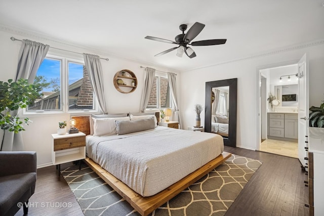 921 Harlem Ave Unit 1, Glenview, IL 60025 - bedroom featuring dark wood-style floors, baseboards, ceiling fan, and ensuite bathroom