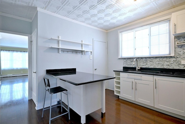 kitchen featuring open shelves, backsplash, dark wood-style floors, a sink, and ornamental molding