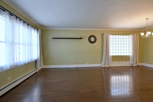 unfurnished room featuring a baseboard radiator, a chandelier, crown molding, dark wood finished floors, and baseboards