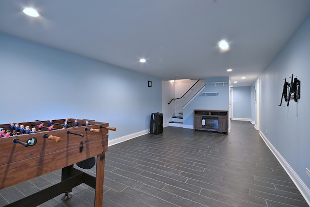 playroom featuring baseboards, dark wood-style floors, and recessed lighting