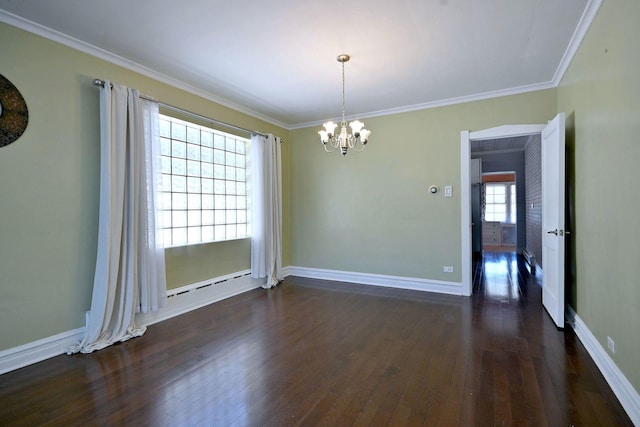 unfurnished dining area with dark wood-type flooring, a chandelier, crown molding, a baseboard radiator, and baseboards