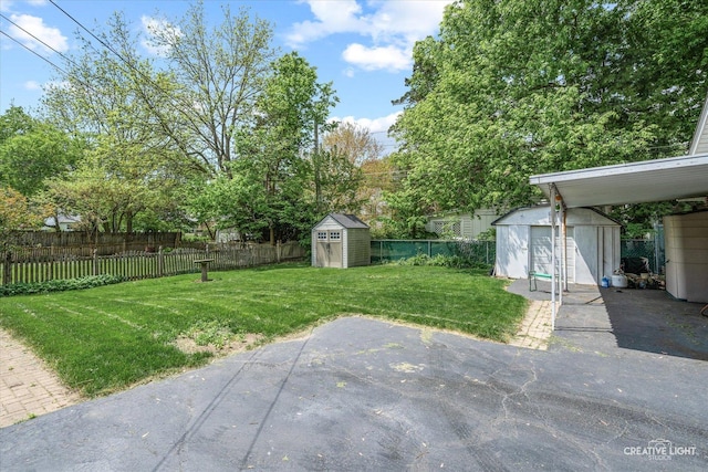 view of yard with a storage unit, an outbuilding, and a patio area