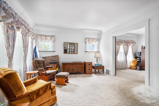 sitting room with ornamental molding and carpet floors