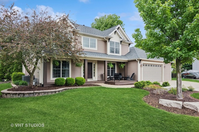 384 Edgewater Ct, Sugar Grove, IL 60554 - view of front facade with covered porch, concrete driveway, a garage, a front lawn, and roof with shingles
