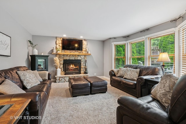 384 Edgewater Ct, Sugar Grove, IL 60554 - carpeted living room featuring a fireplace, recessed lighting, and baseboards