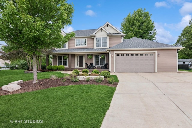 384 Edgewater Ct, Sugar Grove, IL 60554 - view of front of house featuring covered porch, a garage, driveway, a front lawn, and a shingled roof