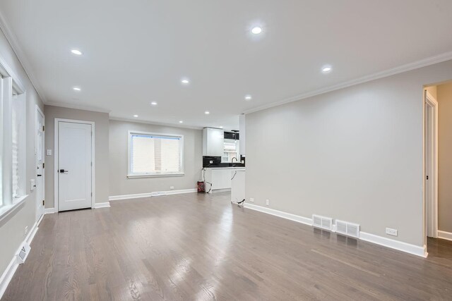 1012 E 162nd Pl, South Holland, IL 60473 - unfurnished living room with ornamental molding, dark wood finished floors, recessed lighting, baseboards, and a sink