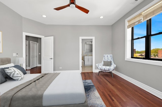 3641 N Ashland Ave Unit 4N, Chicago, IL 60613 - bedroom featuring wood finished floors, baseboards, recessed lighting, connected bathroom, and ceiling fan