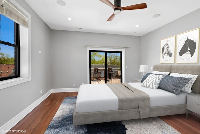 3641 N Ashland Ave Unit 4N, Chicago, IL 60613 - bedroom with access to exterior, wood finished floors, baseboards, recessed lighting, and a ceiling fan
