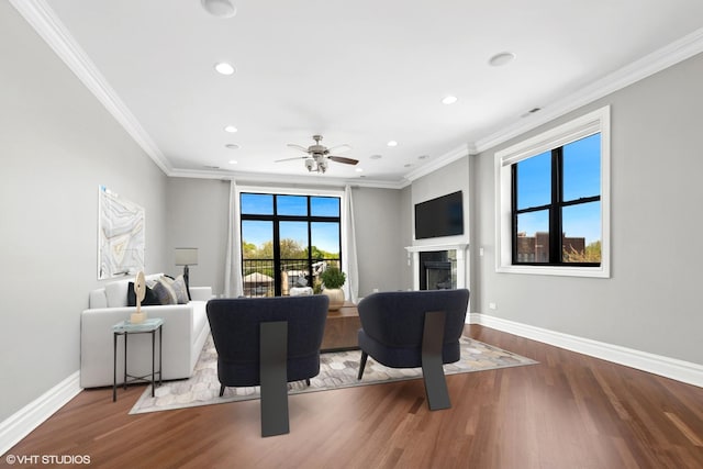 3641 N Ashland Ave Unit 4N, Chicago, IL 60613 - living area featuring ornamental molding, a premium fireplace, wood finished floors, recessed lighting, and a ceiling fan