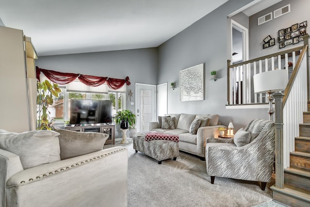 12613 S Keeler Ave, Alsip, IL 60803 - carpeted living room featuring stairs and high vaulted ceiling
