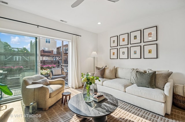 2743 N Ashland Ave Unit 2S, Chicago, IL 60614 - living room featuring a ceiling fan, recessed lighting, and wood finished floors